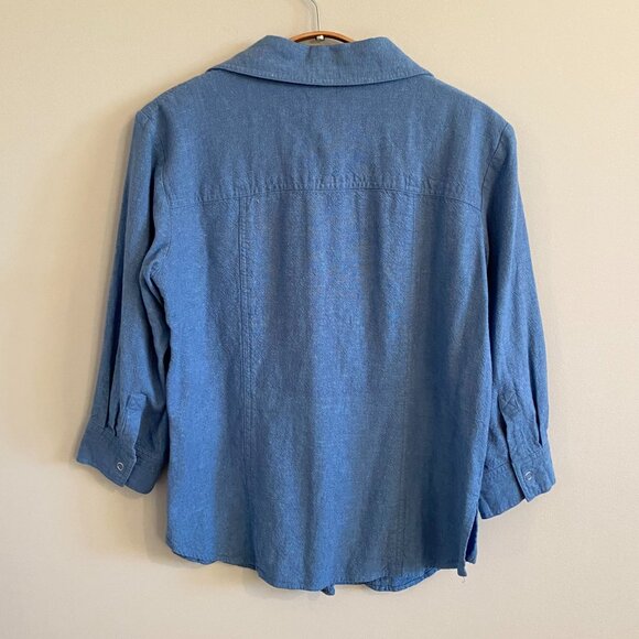 Vintage 90s Linen Blend Button Blue Down Shirt Cottagecore Utility Cabincore - Picture 7 of 11